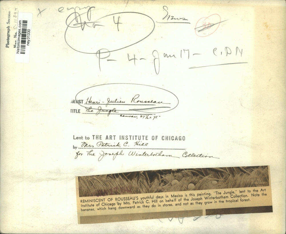 Press Photo Henri Rouseau's "The Jungle" on loan at Art Institute, Chicago