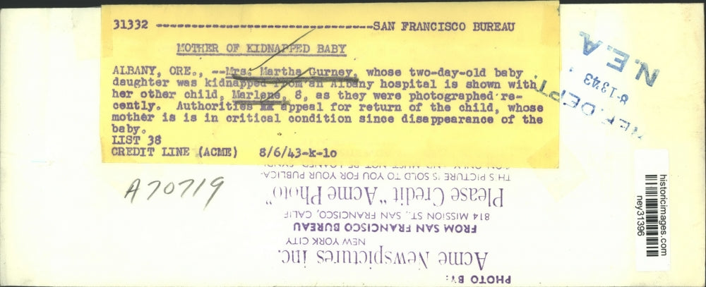 1943 Press Photo Martha Gurney, mother of newborn stolen from Albany hospital