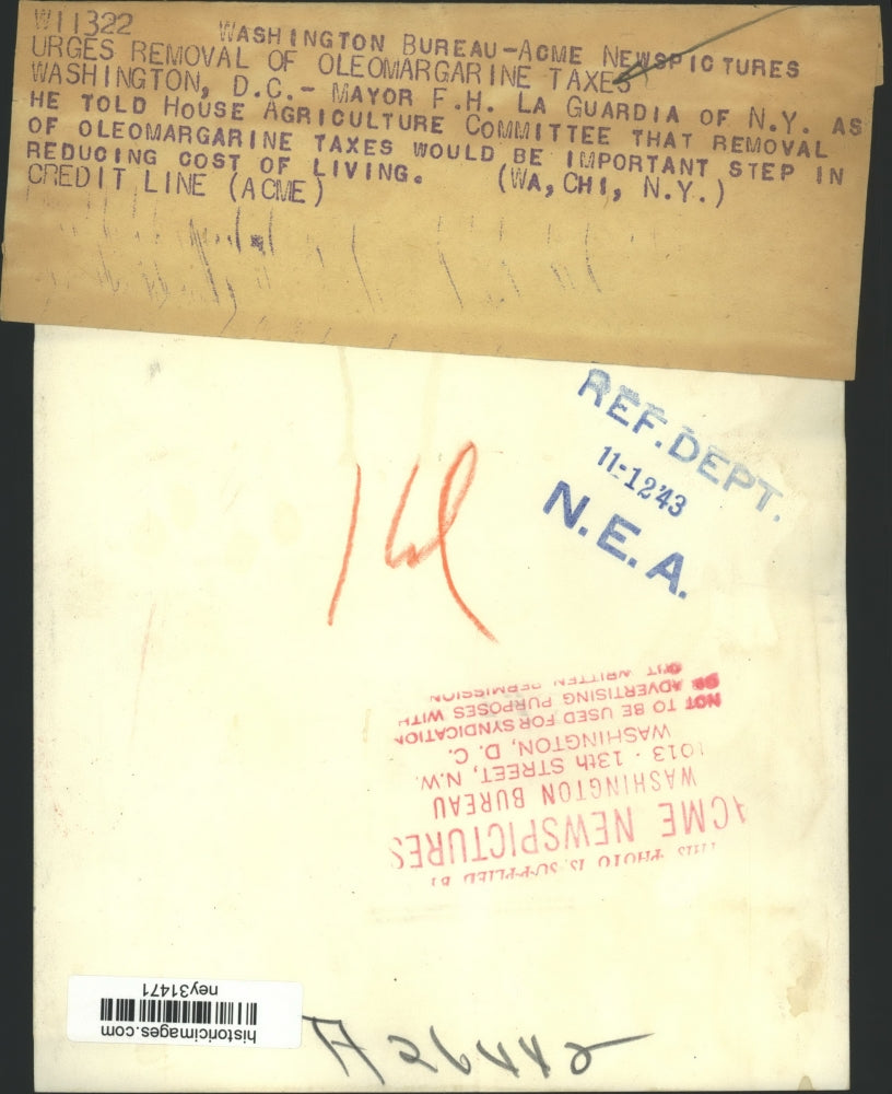 1943 Press Photo Mayor LaGuardia urges removal of Oleomargarine Taxes