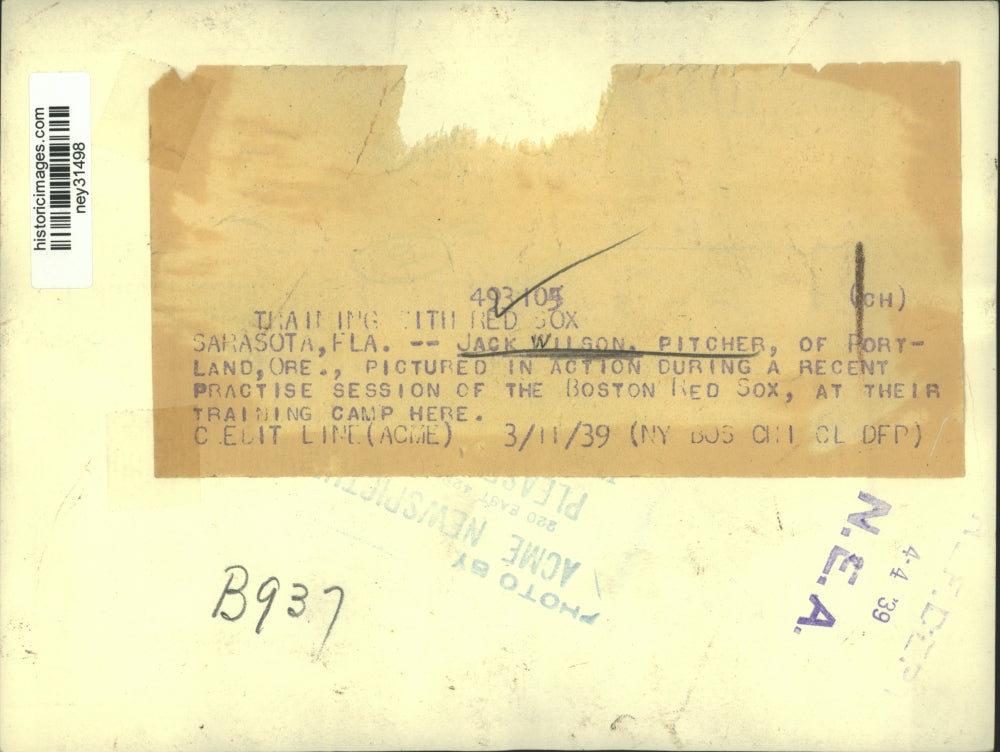 1939 Press Photo Jack Wilson During A Recent Practice With The Boston Red Sox