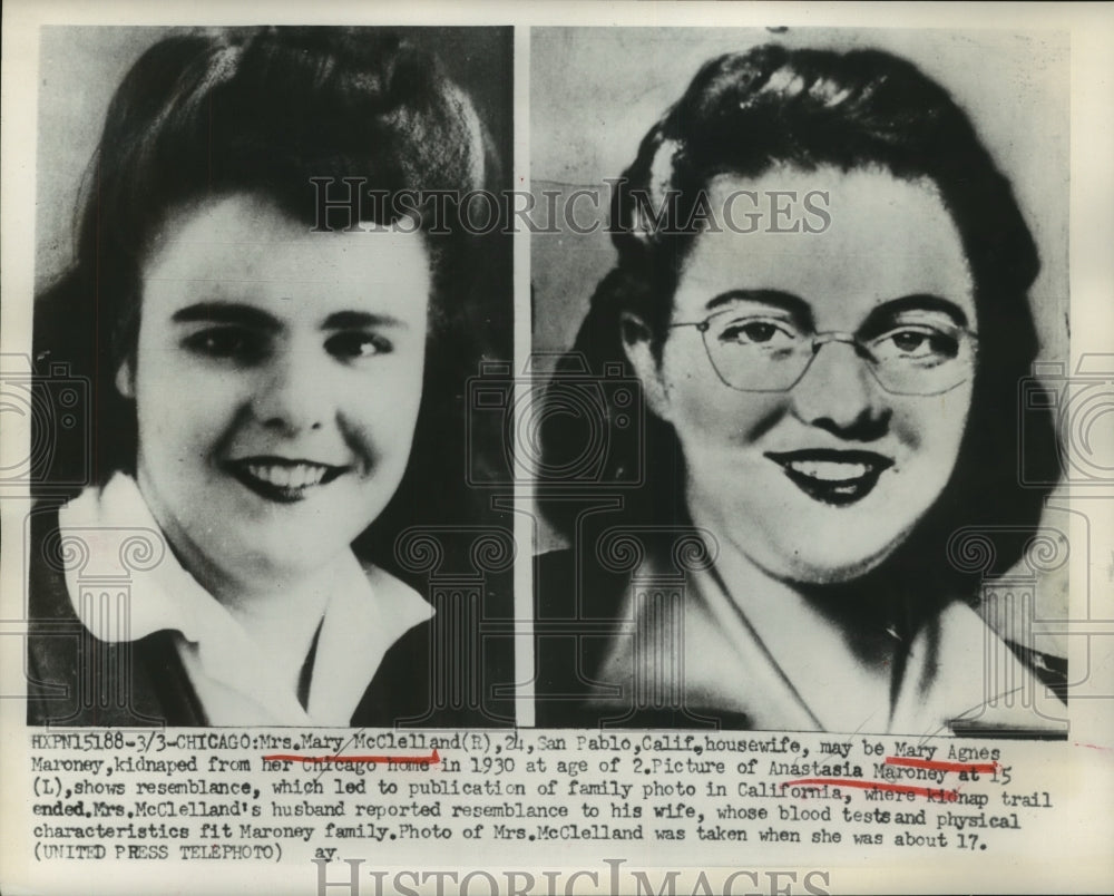 1952 Press Photo Mrs Mary McClelland May Be Kidnapped Mary Agnes Maroney