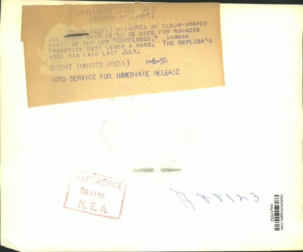 1956 Press Photo Upham & Frederick Butt Measures Parts of new "Mayflower"