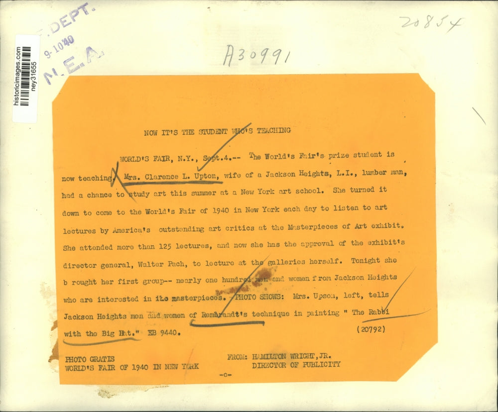 1940 Press Photo Mrs Clarence L Upton Studies Art at New York Art School