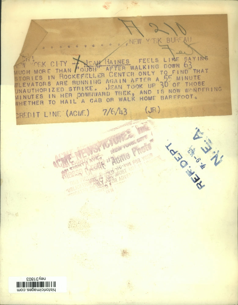 1943 Press Photo Jean Haines Walk Down 63 Stories Only to Find Elevators Working