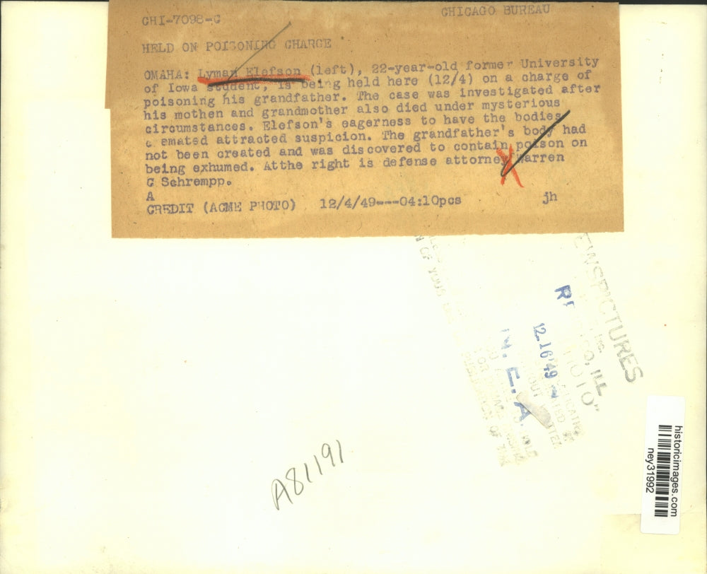 1949 Press Photo Lyman Ellefson Held on Charges of Poisoning Family Members