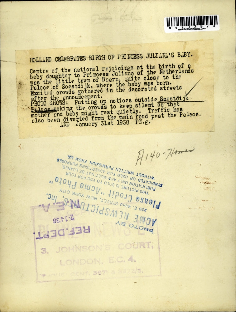 1938 Press Photo Netherland Streets Quieted For Birth of Princess Juliane's Baby