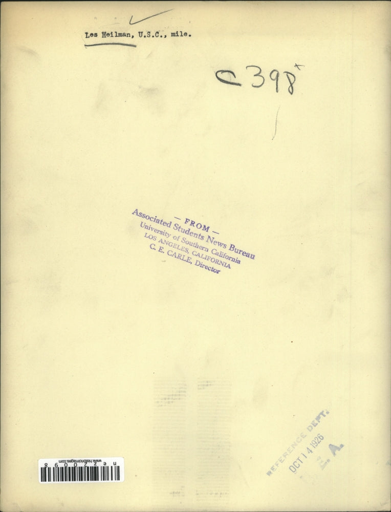 1926 Press Photo USC track star Les Heilman