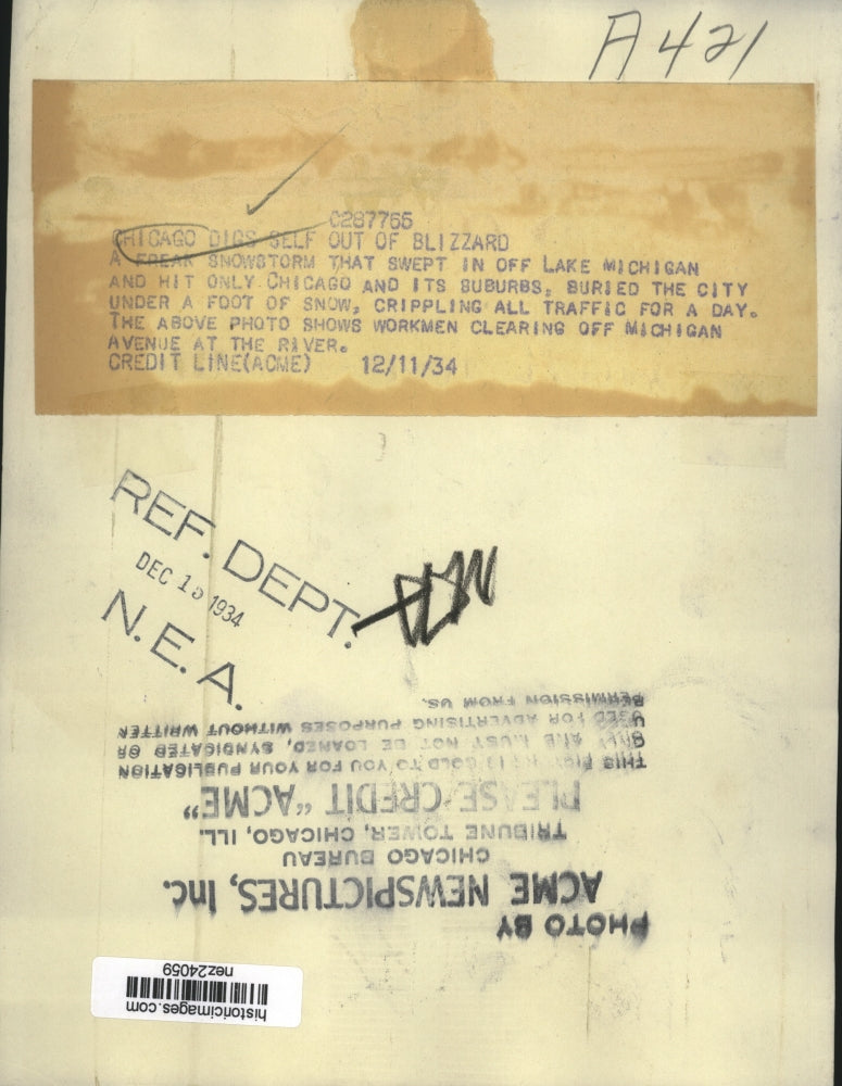 1934 Press Photo freak snowstorm hits Chicago, crippling traffic for a day