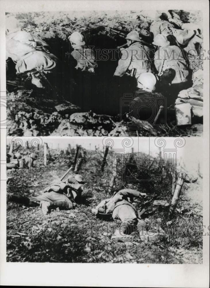 1917 Press Photo Gunners operate from a shell hole and German troops cut a fence- Historic Images