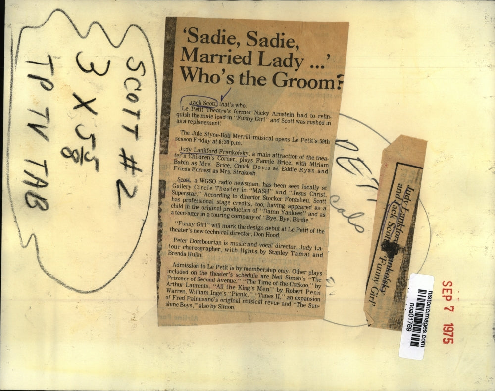 1975 Press Photo Jack Scott and Judy Lankford Frankofsky Funny Girl Play