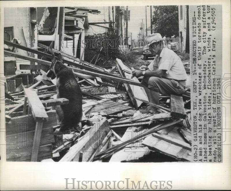 Load image into Gallery viewer, 1961 Press Photo Hurricane Carla-A man and his dog view wreckage of their home.
