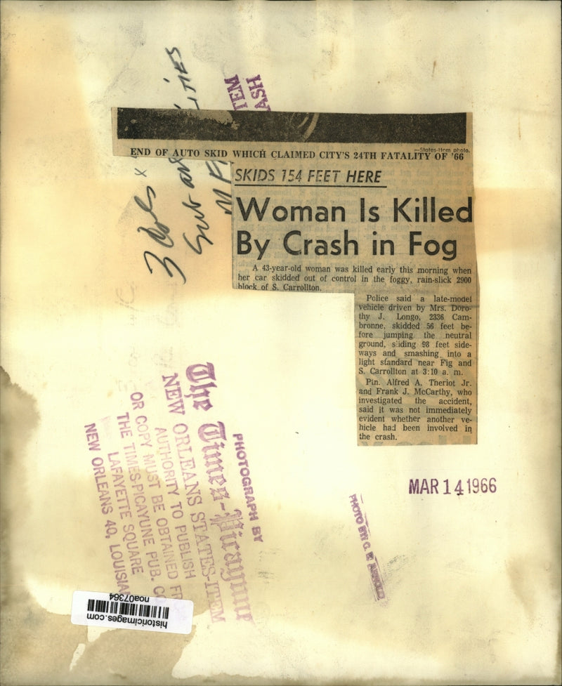 Load image into Gallery viewer, 1966 Press Photo Accidents-End of auto skid which claimed city's 24th fatality.

