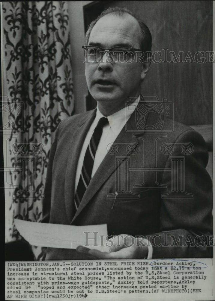 1966 Press Photo Gardner Ackley discusses price increase of structural steel- Historic Images