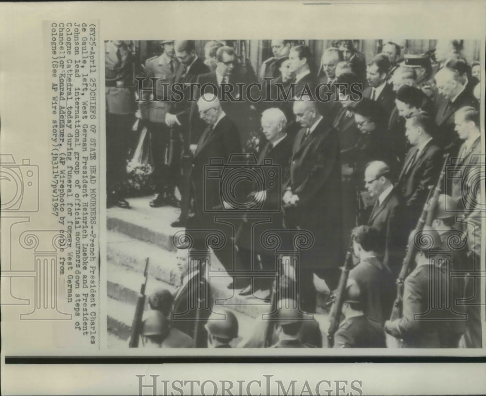 1967 Press Photo DeGaulle, Luebke and President Johnson-Konrad Adenauer Funeral- Historic Images