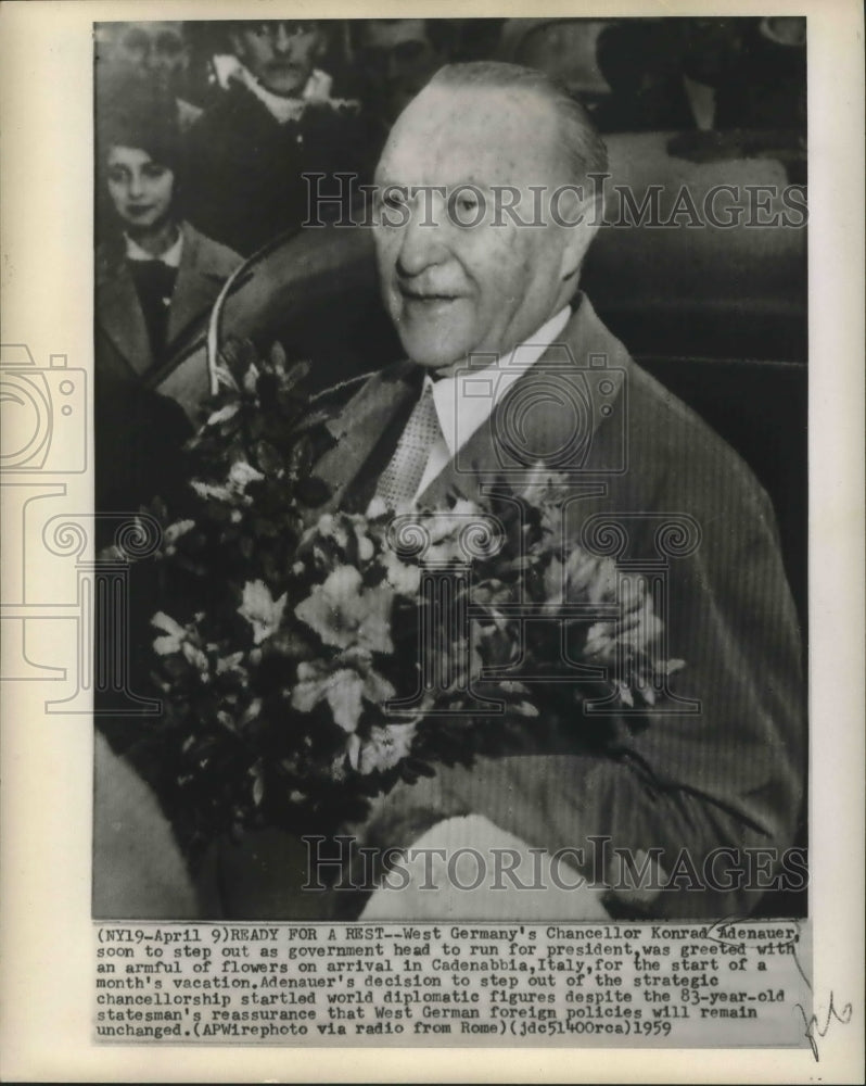 1959 Press Photo West Germany&#39;s Chancellor Konrad Adenauer in Italy - noa09829- Historic Images