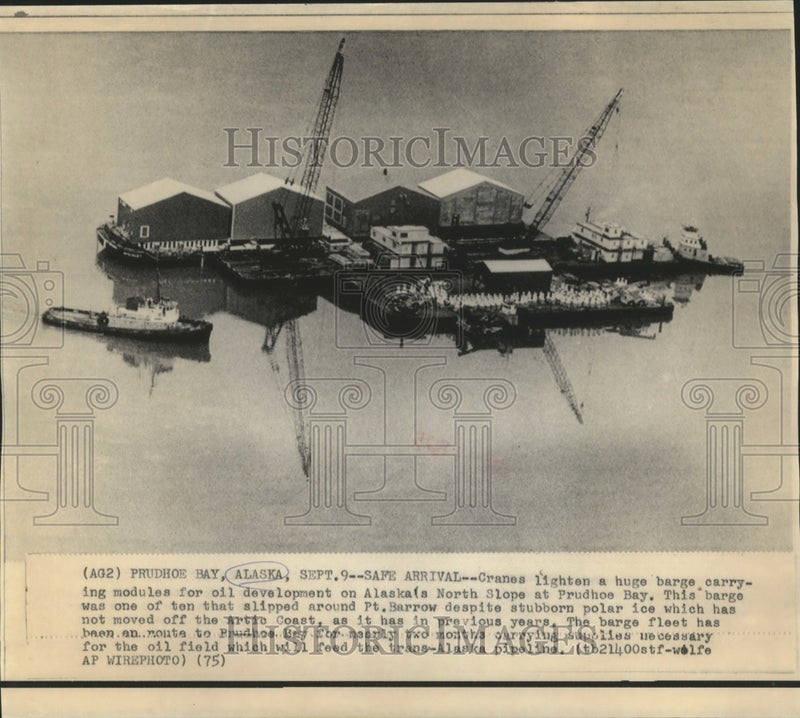 Load image into Gallery viewer, 1975 Press Photo Cranes lighten a barge carrying modules for oil development
