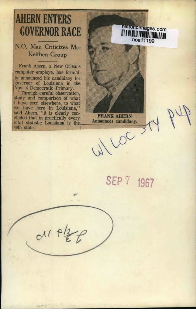 1967 Press Photo New Orleans&#39;-Frank Ahern announced candidacy for Governor Race