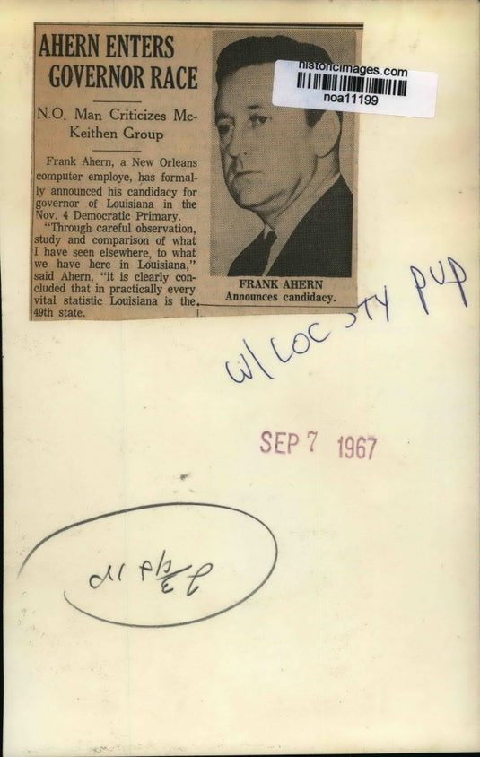 1967 Press Photo New Orleans'-Frank Ahern announced candidacy for Governor Race