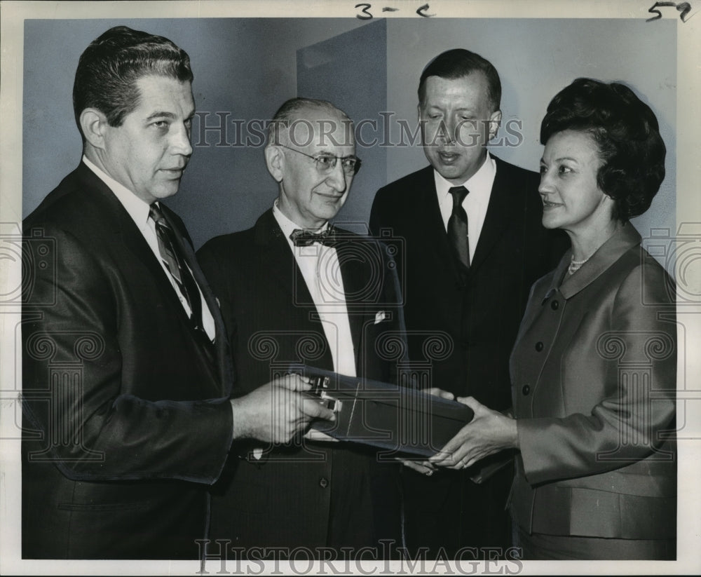 1967 Press Photo Mrs Watermeier Presents Portable Dictaphone to Dr. John Adriani- Historic Images