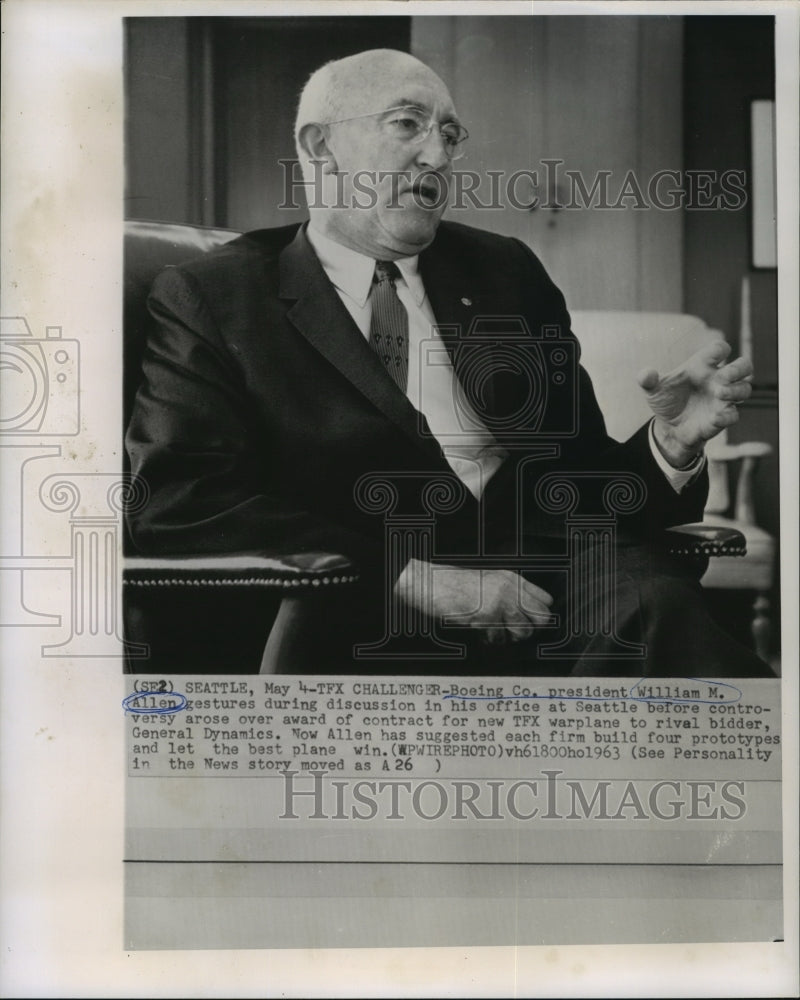 1963 Press Photo Boeing President William M. Allen at Seattle office - noa15383- Historic Images