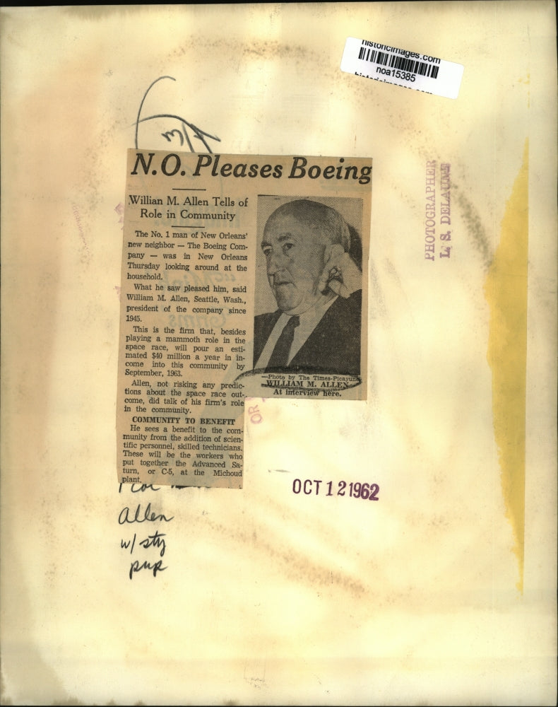 1962 Press Photo Boeing President William M. Allen in New Orleans - noa15385