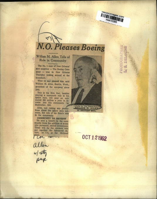 1962 Press Photo Boeing President William M. Allen in New Orleans - noa15385