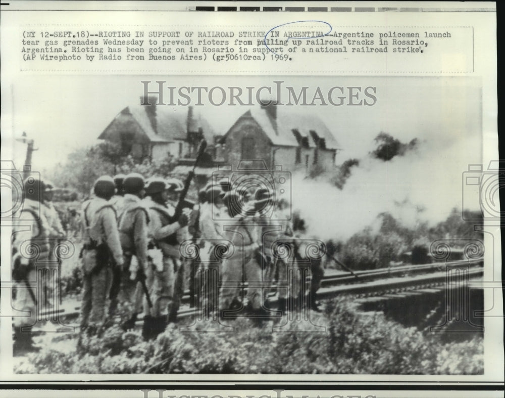 1969 Press Photo Policemen Use Tear Gas Against Rioters, Rosario, Argentina- Historic Images