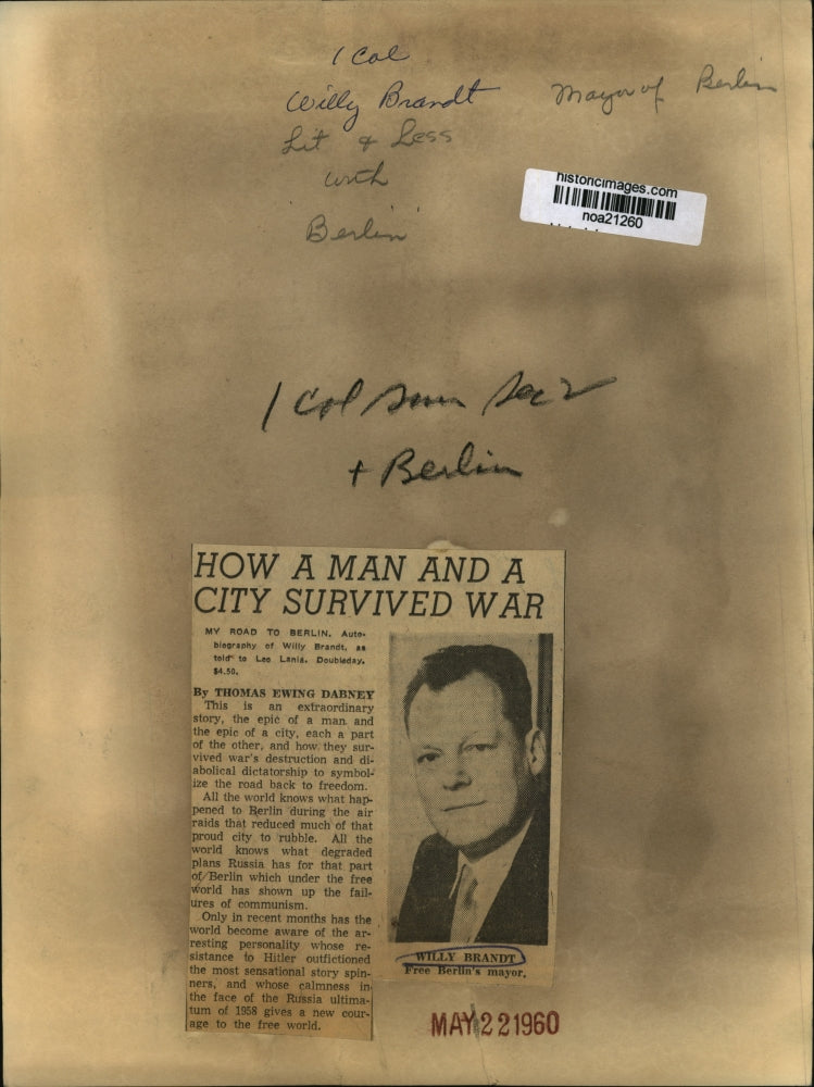 1960 Press Photo Willy Brandt, Governing Mayor of City-State of Berlin, Germany