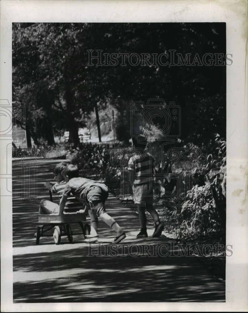 1963 Press Photo Audubon Park - Kids Play with Wagon, New Orleans, Louisiana- Historic Images