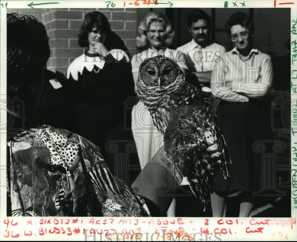 1984 Press Photo Audubon Park Zoo - Kimberly Roy with Zoomobile Owl, New Orleans- Historic Images