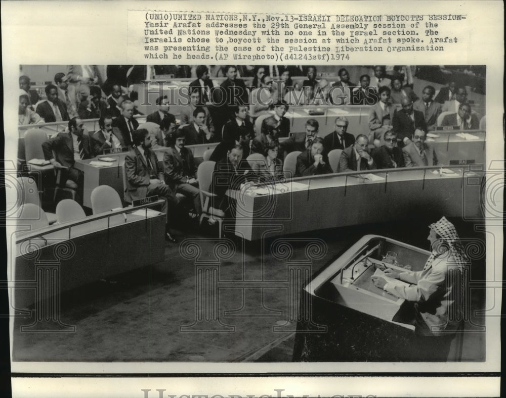 1974 Press Photo Yasir Arafat Addresses United Nations as Israelis Boycotts- Historic Images