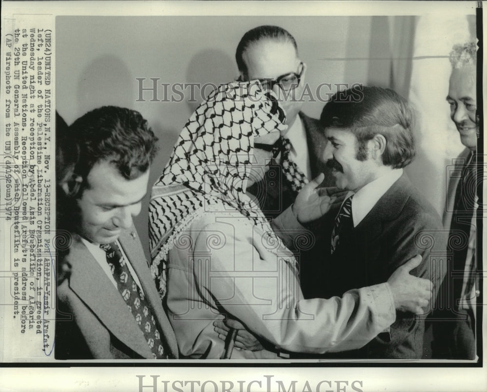1974 Press Photo Yasir Arafat Greeted by Abdel Aziz Boutefilka at United Nations- Historic Images