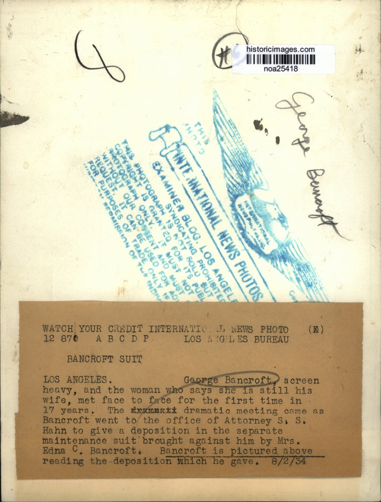 1934 Press Photo George Bancroft Reading Deposition to Wife - noa25418