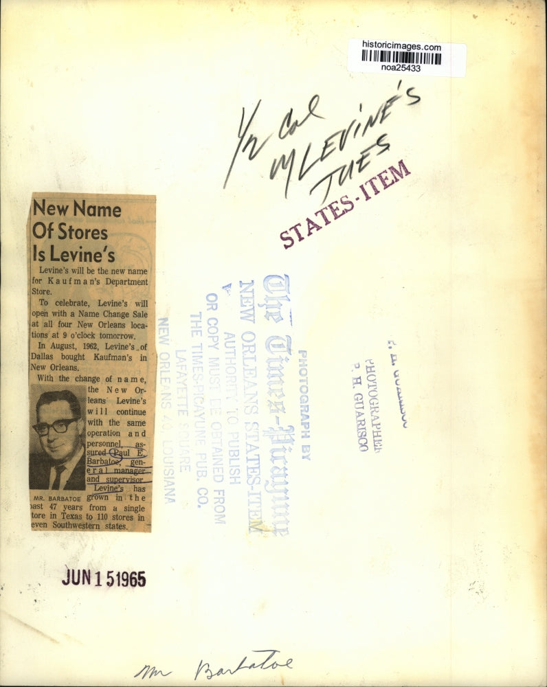 1965 Press Photo Levine's - Paul E. Barbatoe, General Manager, New Orleans