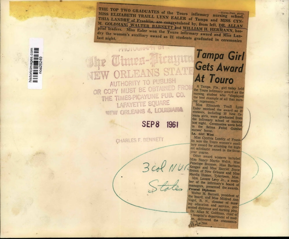 1961 Press Photo Top Graduates, Touro Infirmary Nursing School, Hospital Leaders