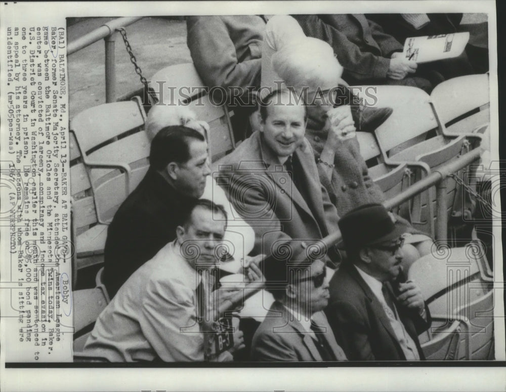 1967 Press Photo Bobby Baker, Senate Majority Secretary at Orioles, Twins Game- Historic Images