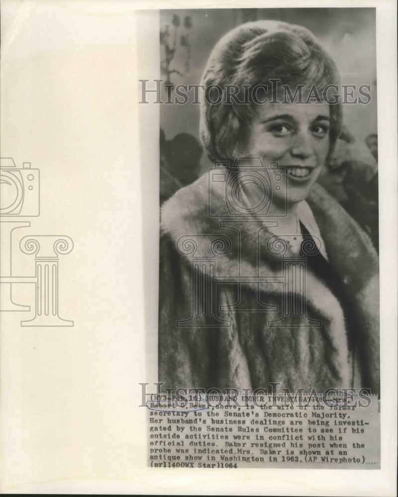 1962 Press Photo Mrs. Robert Baker, Wife of Sec. to Senate&#39;s Democratic Majority- Historic Images