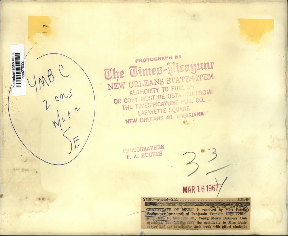 1967 Press Photo Benjamin Franklin High School - Estelle Barkmeyer, Merit Award