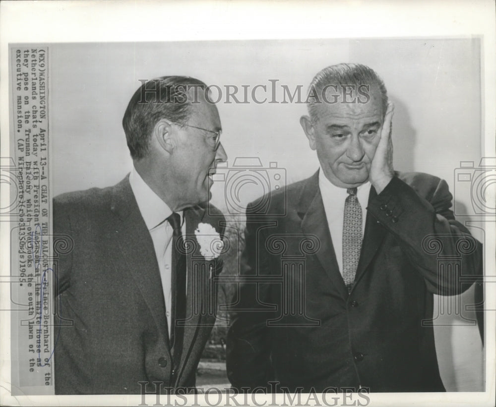 1965 Press Photo Prince Bernhard and President Johnson chat at the White House