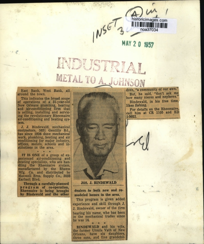 1957 Press Photo JJ Bindewald of New Orleans plumbing, heating air-conditioning