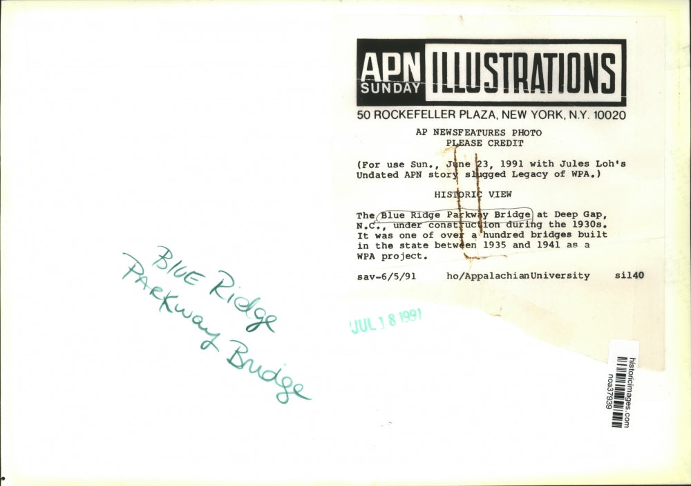 1935 Press Photo Blue Ridge Parkway Bridge Construction, Deep Gap North Carolina