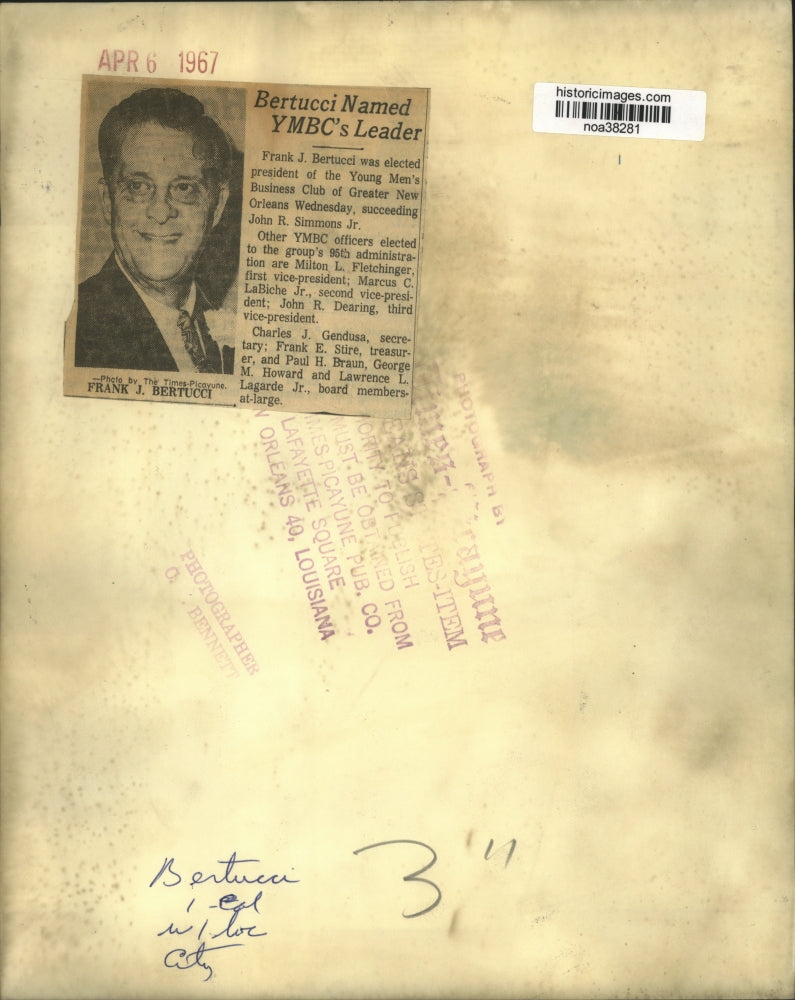 1967 Press Photo Frank J. Bertucci new president of Young Men's Business Club