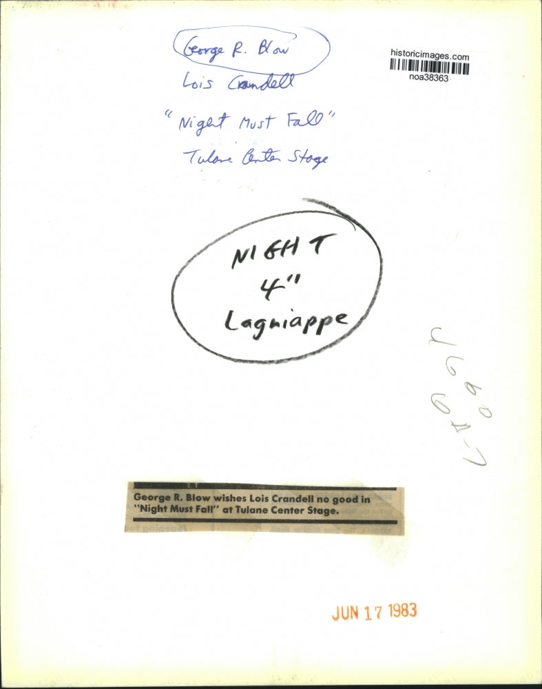 1983 Press Photo Actors George Blow and Lois Crandell in Play, "Night Must Fall"