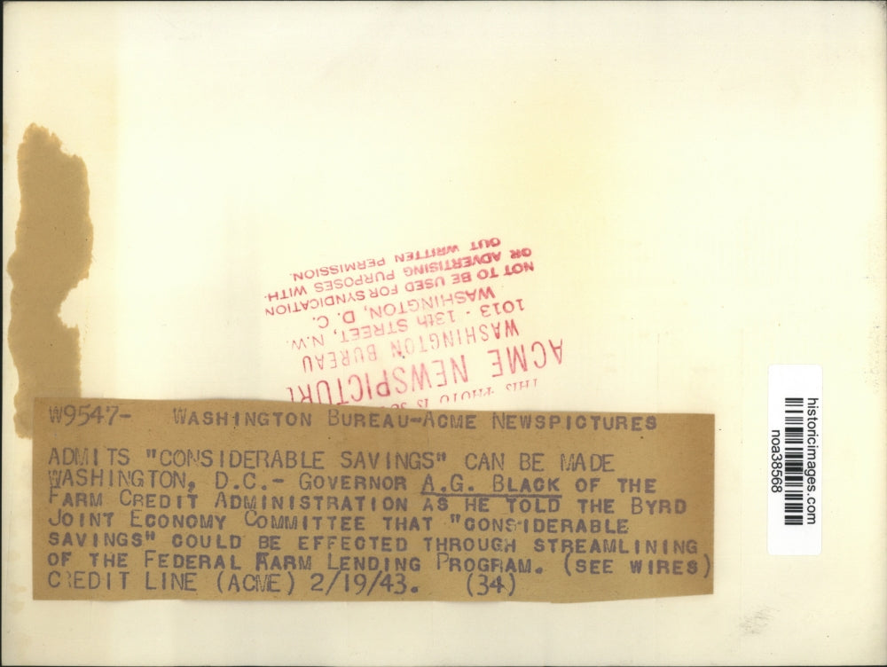 1943 Press Photo Governor A.G. Black of Farm Credit Administration - noa38568