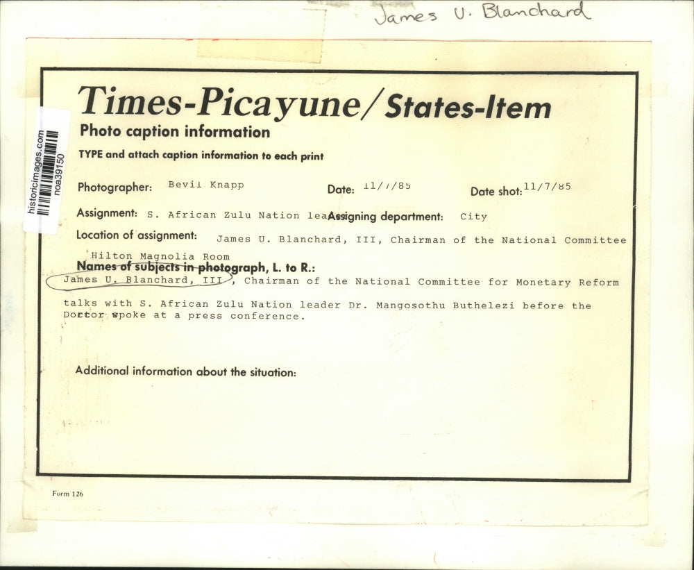 1985 Press Photo South African Zulu leader Dr. Buthelezi & James Blanchard talk