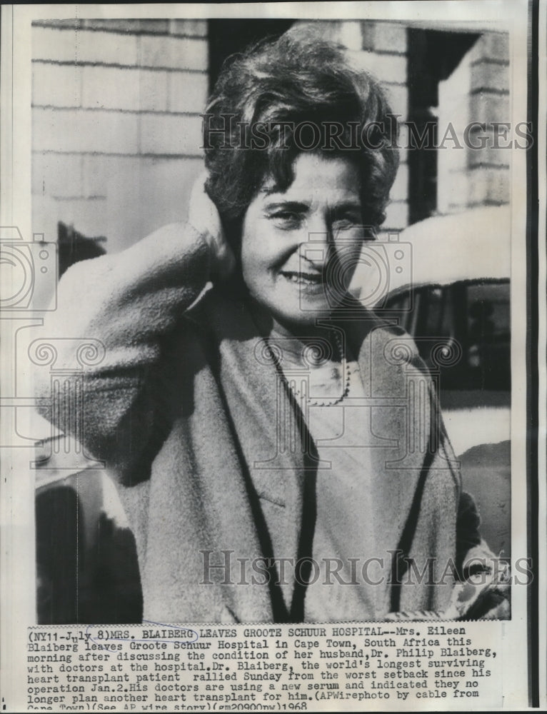 1968 Press Photo Mrs. Eileen Blaiberg at Groote Schuur Hospital in South Africa- Historic Images