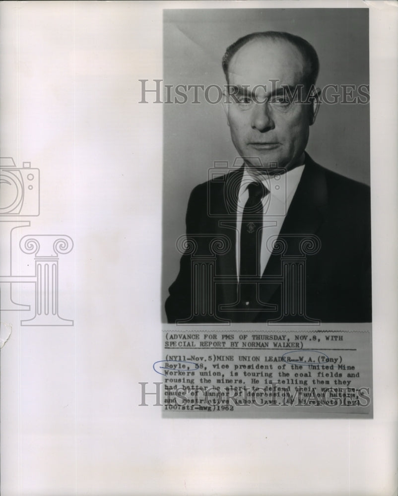 1962 Press Photo W. A. (Tony) Boyle, vice president of United Mine Workers union