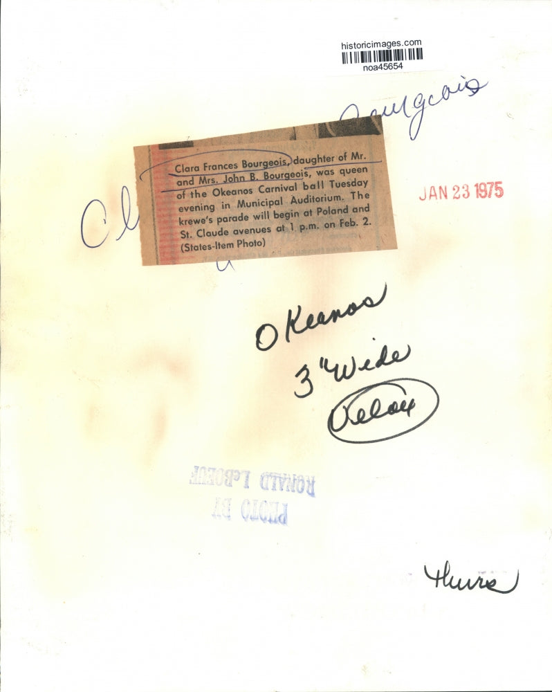 1975 Press Photo Queen of Okeanos Carnival Ball Clara Frances Bourgeois