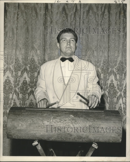 1953 Press Photo Tulane University Concert Band Bass Drummer Harold Bretz plays