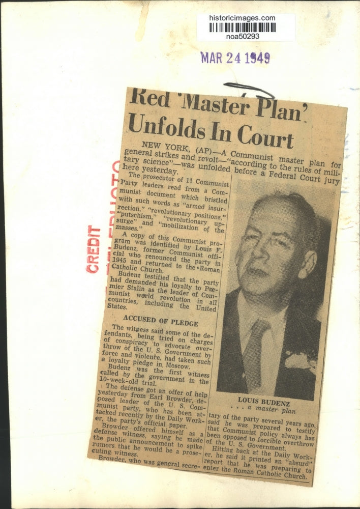 1949 Press Photo Louis Budenz unfolded a Communist master plan before jury